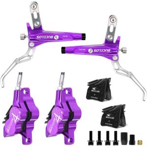 image:imageBUCKLOS MTB Hydraulic Disc Brake Set 4 Pistons Front 850mm and Rear 1550mm Hydraulic Brakes with Aluminum Alloy Lever with Caliper Ceramic Brake Pad Fit Mountain BikeEbikeFat Bike HBCP4 PreBledPurple