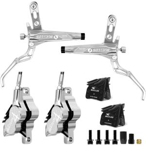 image:imageBUCKLOS MTB Hydraulic Disc Brake Set 4 Pistons Front 850mm and Rear 1550mm Hydraulic Brakes with Aluminum Alloy Lever with Caliper Ceramic Brake Pad Fit Mountain BikeEbikeFat Bike HBCP4 PreBledSilver