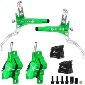 image:imageBUCKLOS MTB Hydraulic Disc Brake Set 4 Pistons Front 850mm and Rear 1550mm Hydraulic Brakes with Aluminum Alloy Lever with Caliper Ceramic Brake Pad Fit Mountain BikeEbikeFat Bike HBCP4 PreBledGreen