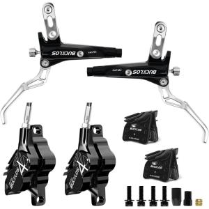 image:imageBUCKLOS MTB Hydraulic Disc Brake Set 4 Pistons Front 850mm and Rear 1550mm Hydraulic Brakes with Aluminum Alloy Lever with Caliper Ceramic Brake Pad Fit Mountain BikeEbikeFat Bike HBCP4 PreBledBlack