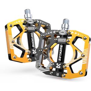 image:imageBUCKLOS MTB Bike Flat Pedals with ReflectorsLarge Platform Mountain Non Slip CNC Aluminum Alloy Bicycle Pedals Sealed Bearing 916 AdultBlackGolden