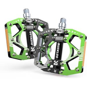image:imageBUCKLOS MTB Bike Flat Pedals with ReflectorsLarge Platform Mountain Non Slip CNC Aluminum Alloy Bicycle Pedals Sealed Bearing 916 AdultBlackGreen