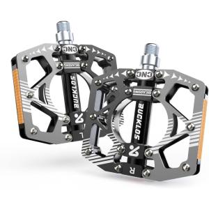image:imageBUCKLOS MTB Bike Flat Pedals with ReflectorsLarge Platform Mountain Non Slip CNC Aluminum Alloy Bicycle Pedals Sealed Bearing 916 AdultBlackSilver