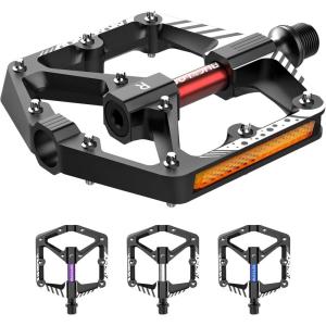 image:imageBUCKLOS Mountain Bike Flat Pedals Adult 916 Sealed Bearing Large Bicycle Pedal Aluminum Platform with Removable AntiSkid Nails and Reflectors for MTB Road Gravel BMX Ebike BikesChromeRedBlackDUBearingNew
